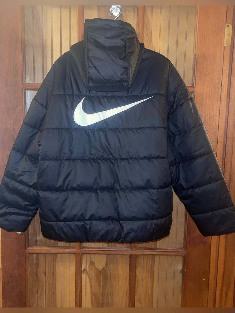 Nike Therma-Fit Black Hooded Loose Fit Puffer Jacket with White Logo
